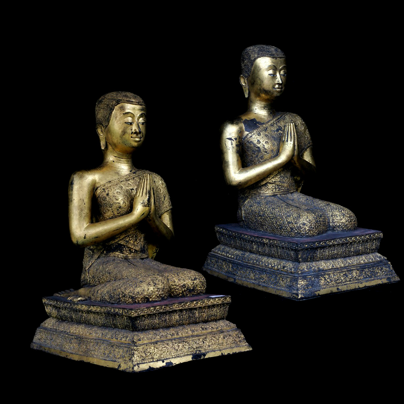 Pair Of 19C Bronze Thai Rattanakosin Buddhist Monks #HD397